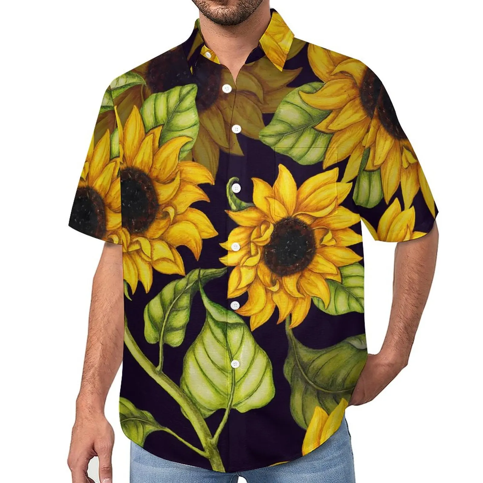 

Watercolor Sunflower Casual Shirt Flowers Print Beach Loose Shirt Summer Streetwear Blouses Short Sleeve Design Oversize Clothes