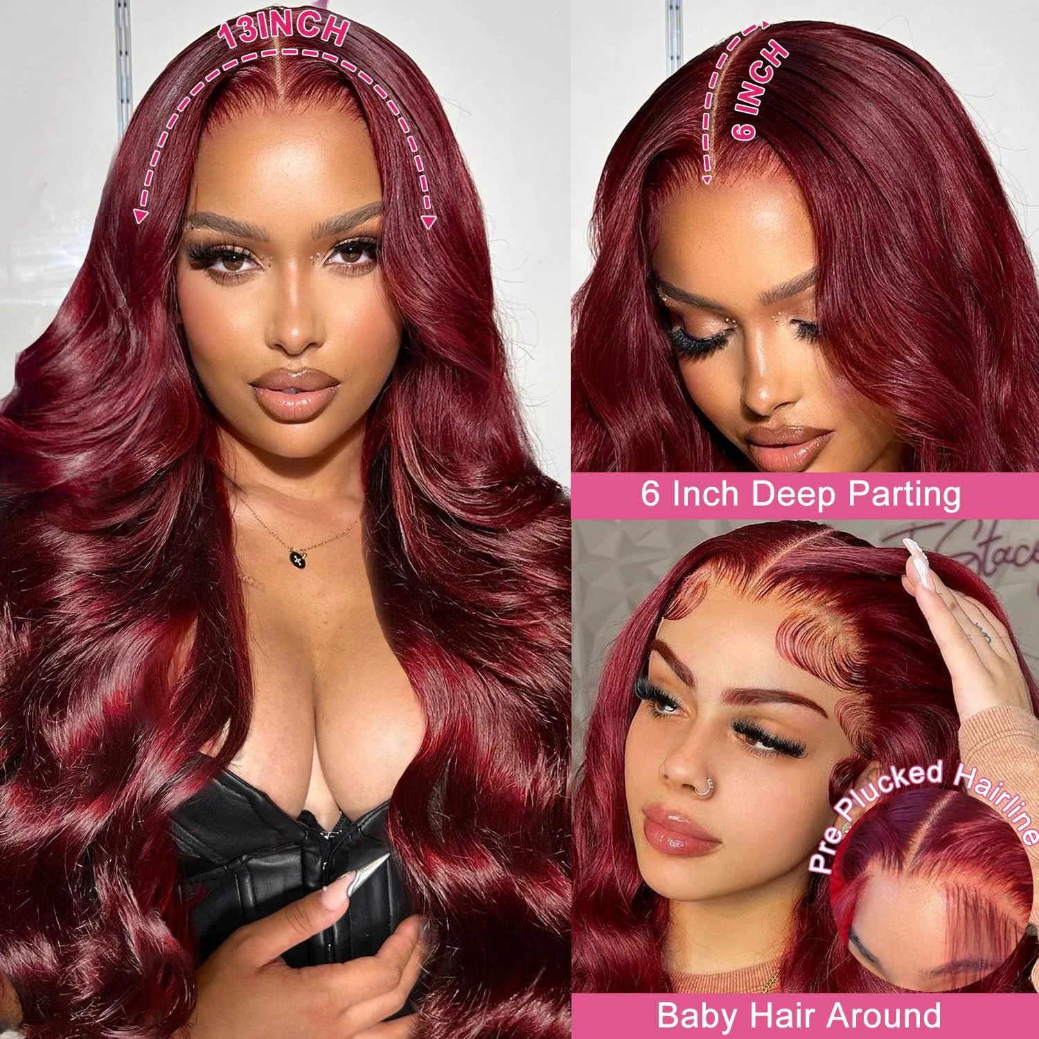 Hot Sale 30 Inch 99J Burgundy Lace Front Wigs Human Hair 13x6 HD Transparent Body Wave Lace Front Human Hair Wig For Black Women image 3