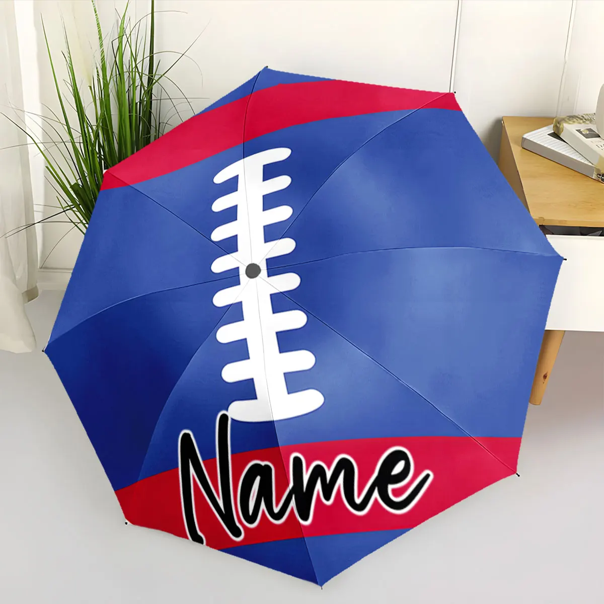 Custom Name Bold Football-Inspired Blue and Red Umbrella Design Print 8 Iron Ribs Folding Umbrella, Auto-Open Fashion Sunshade