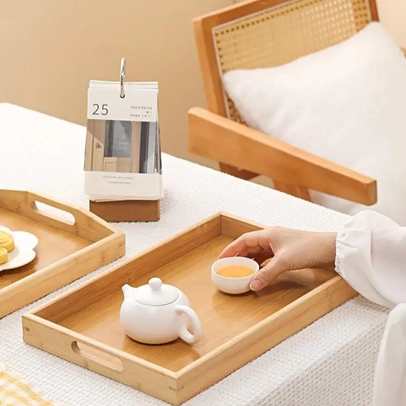 Japanisches Serviertablett aus Bambus mit Griffen, rechteckiges Serviertablett, Tee- und Frühstückstablett, Mehrzweck-Palette, Massivholztablett – Detail 6