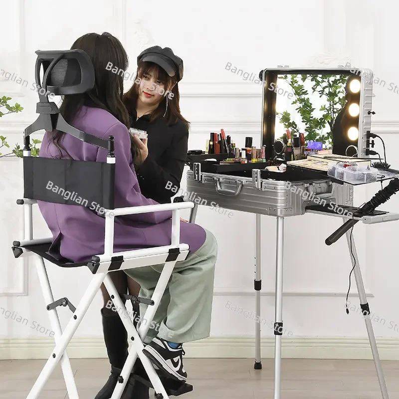 Aluminum Magnesium Alloy Mirror with Pull Rod Bracket, Makeup Box, Professional Makeup Artist with Light, Universal Wheel