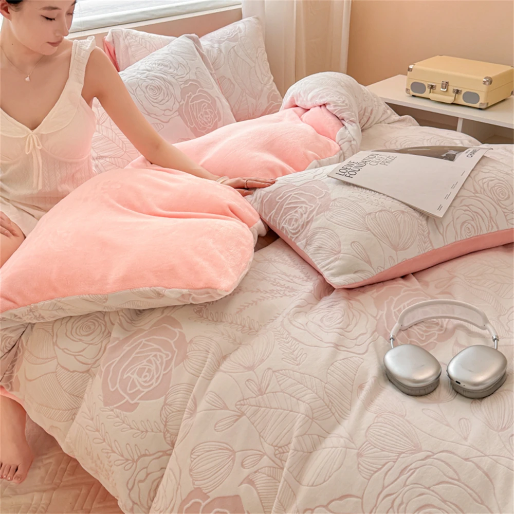 3D Carving Flowers Milk Fleece Bedding Set Winter Warm Thickened Coral Velvet Four-Piece Sets Duvet Cover Pillowcase Bed Sheet