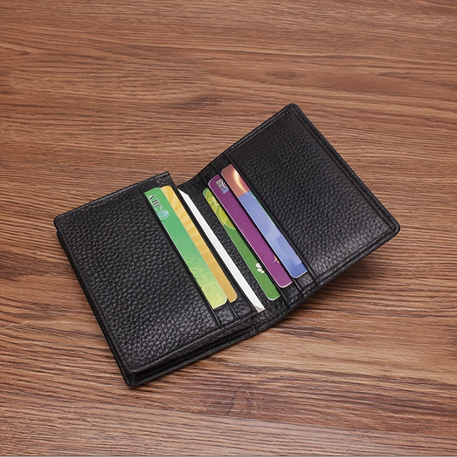 Classic Durable Business Card Holder, Multi-layer Clutch in Lychee Pattern Cowhide Leather for Large Capacity Credit and ID Card