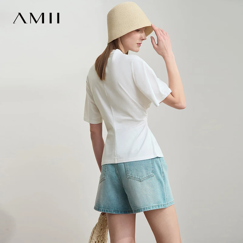 AMII minimaliste décontracté femmes t-Shirt 2025 été nouveau solide col roulé à manches courtes dames hauts vêtements de mode femme 12522126