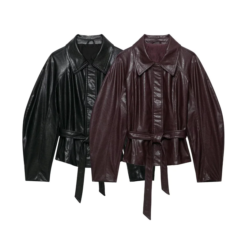 Guobioziy 2026 Women's Jacket Fall/Winter New Style Solid Color Long Sleeve Faux Leather Belt Loose Biker Parka Stylish Trendy