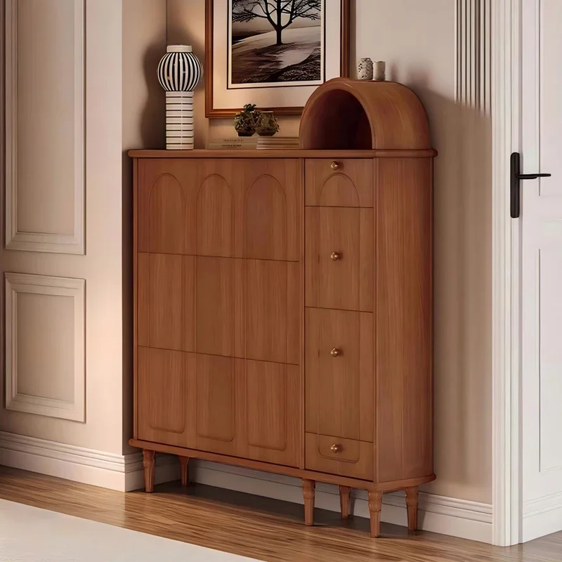 

French retro style solid wood shoe cabinet medium and ancient style indoor high-end entry door ultra-narrow shoe cabinet