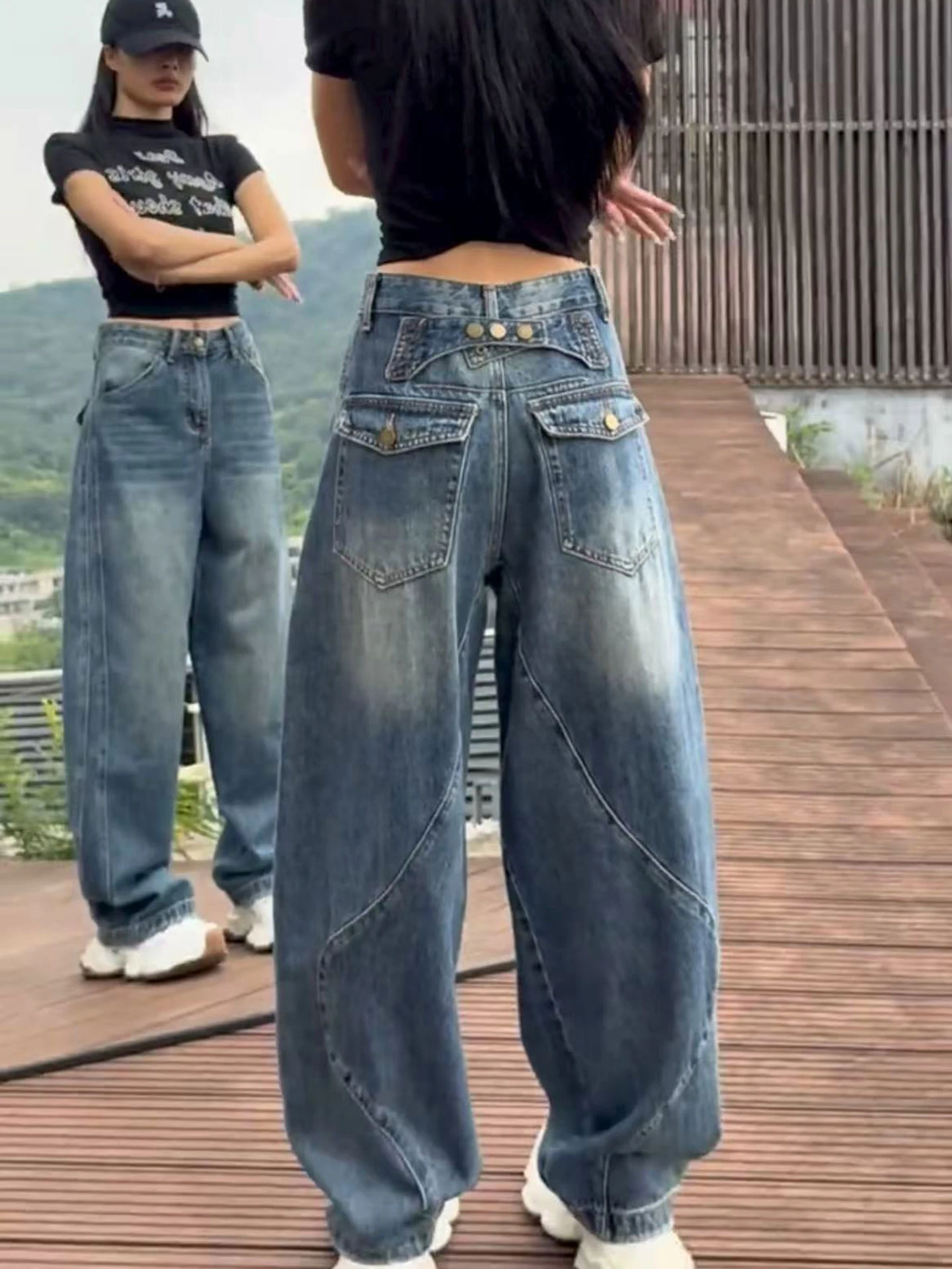 

Свободные женские джинсы с высокой талией в американском стиле ретро, широкие брюки, осенние новые брюки больших размеров, утягивающие прямые брюки...