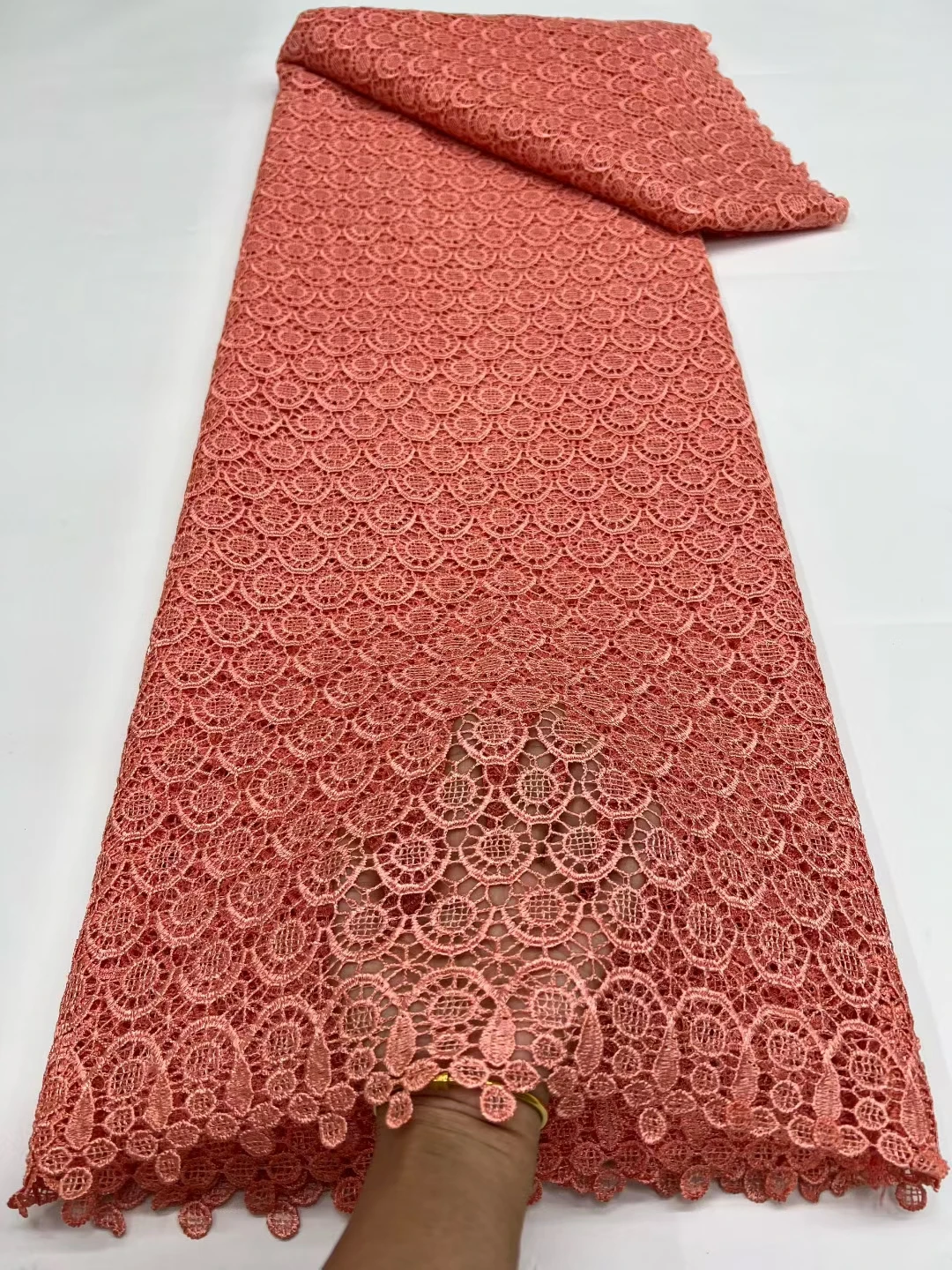 

NRFG73 Peach!Good quality African water soluble lace fabric,wholesale embroidered guipure cord lace for party/wedding dress