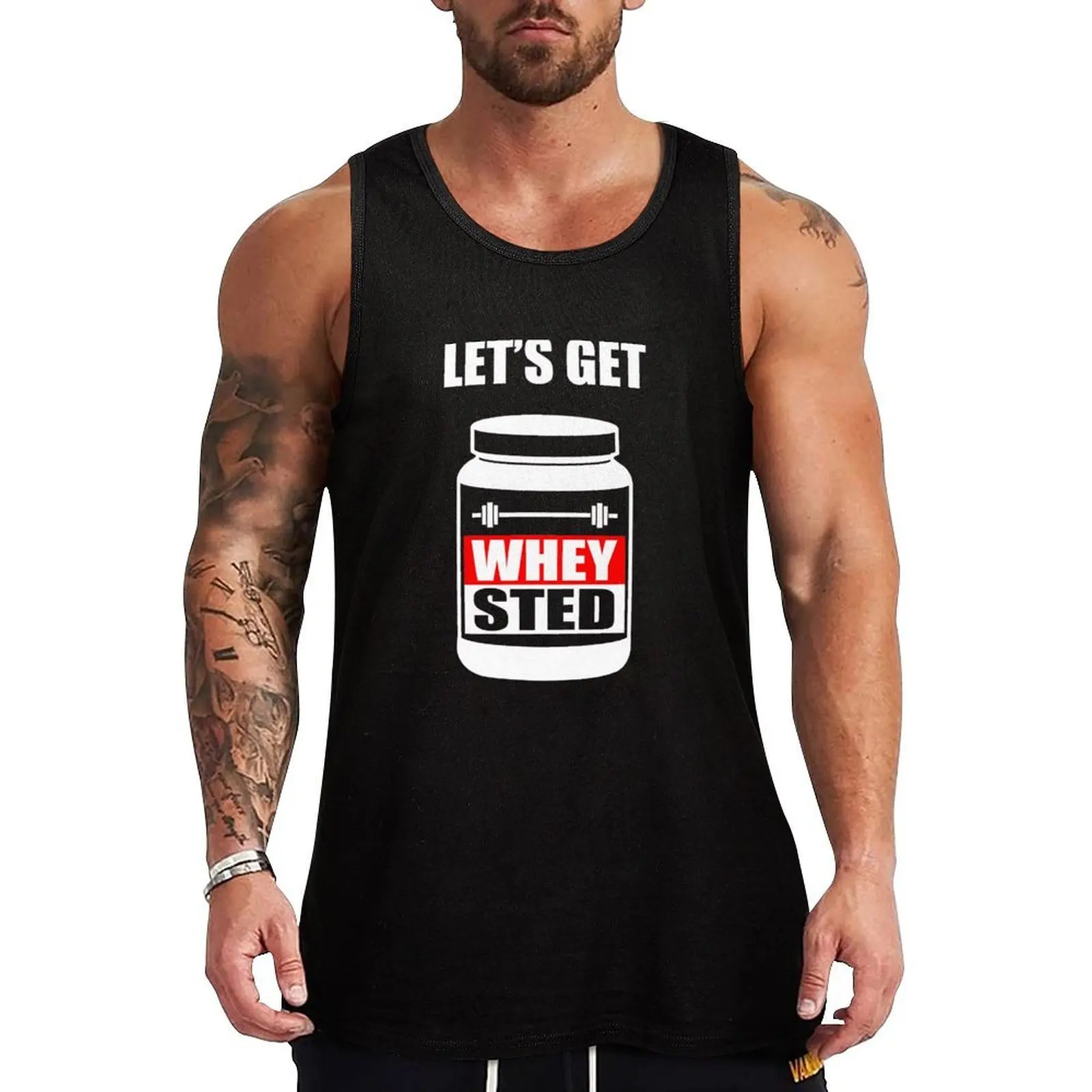 Camiseta Regata Engraçada para Academia e Musculação com Estampa de Proteína Whey-Sted, Casual de Praia, Caimento Solto, Sem Mangas, Verão