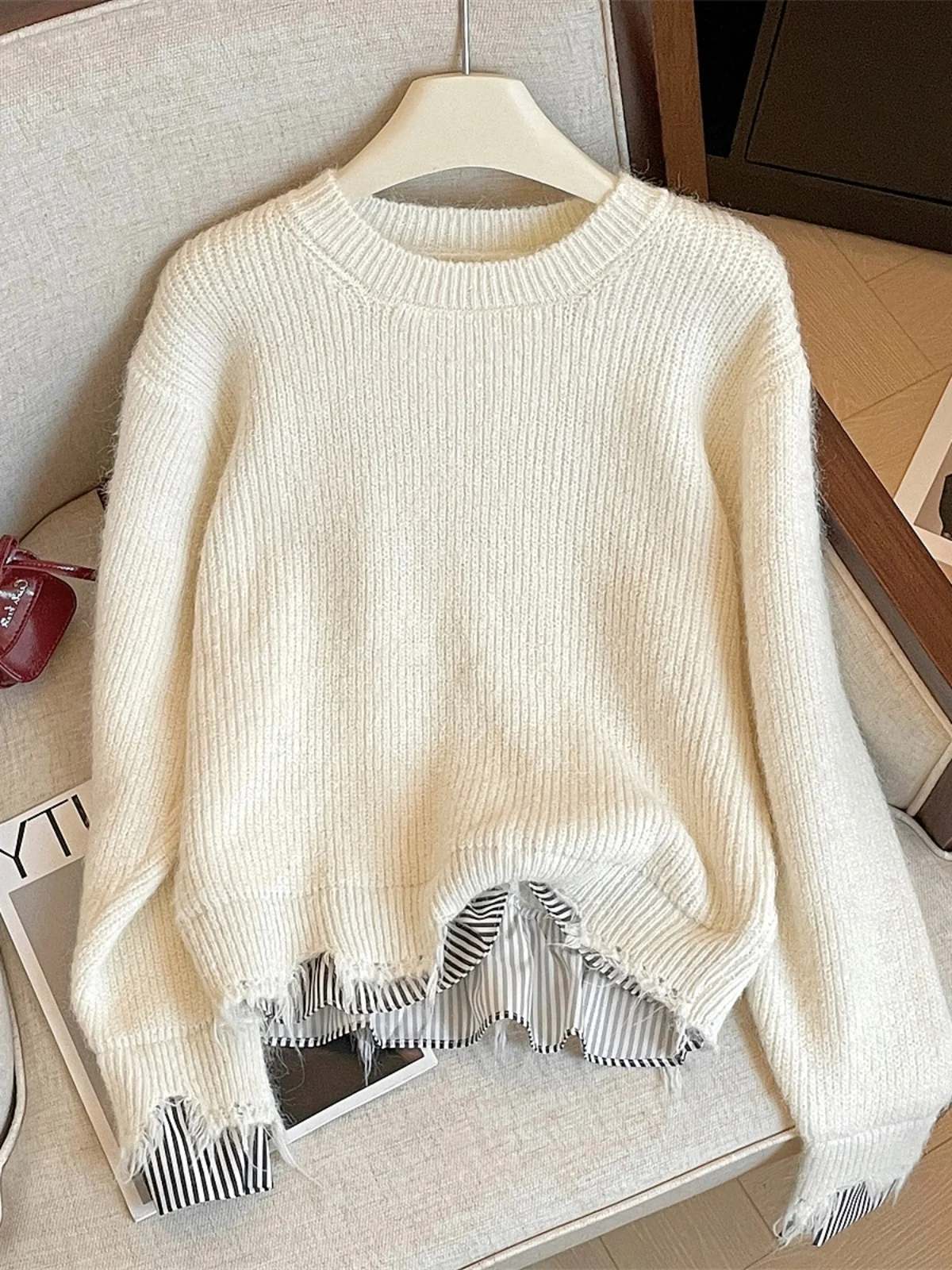 

Женский вязаный свитер большого размера, комплект из двух предметов, модный свободный универсальный осенне-зимний теплый длинный свек, круглый Ne