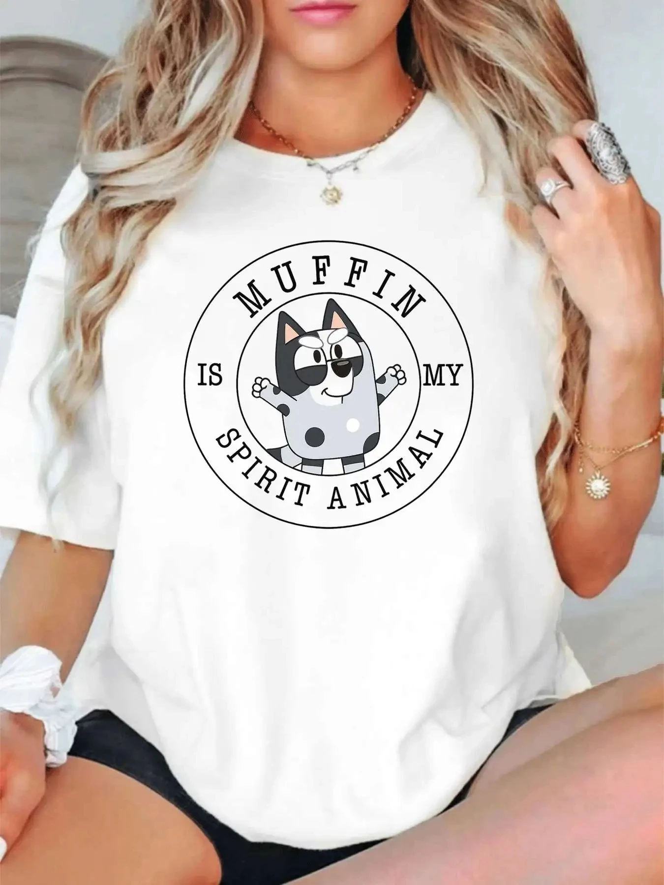 【1147542】 Grote maten dames T-shirt met ronde hals en korte mouwen, elastische halve mouwen en trendy prints