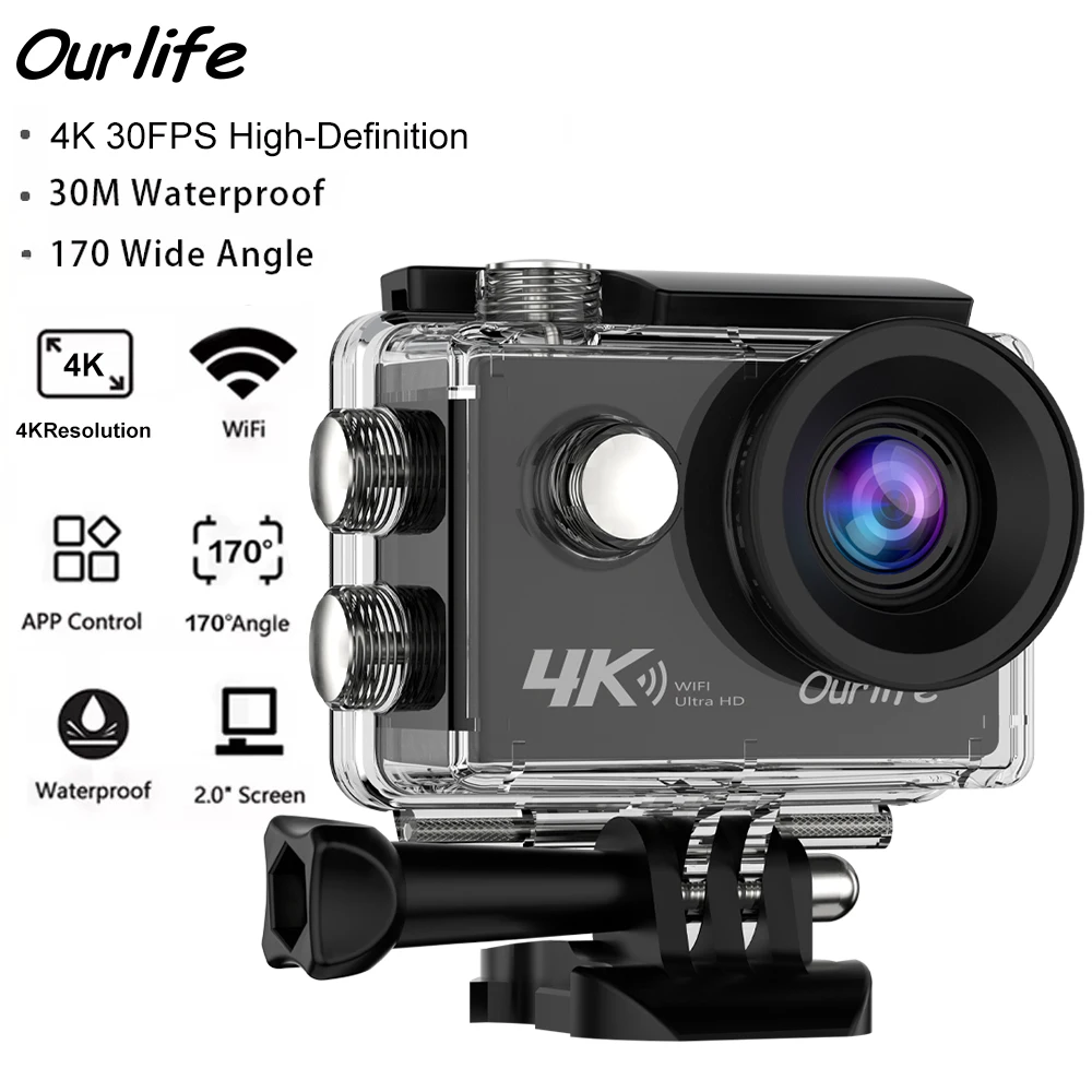 Ourlife 4K 액션 카메라 울트라 HD 16MP WiFi 2.0인치 화면 170도 DVR 웹캠 방수 30M 헬멧 비디오 녹화 스포츠 카메라