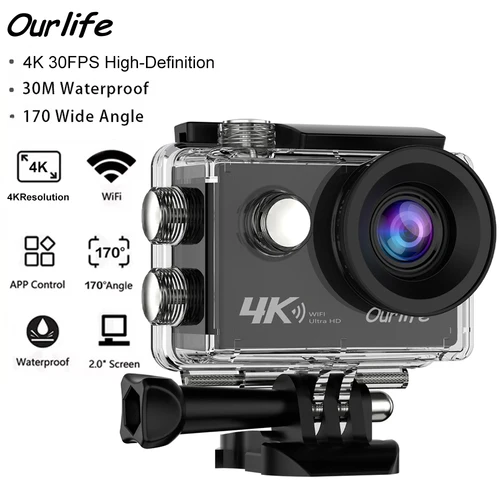 Cámara de acción Ourlife 4K Ultra HD 16MP WiFi pantalla de 2,0 pulgadas 170D DVR Webcam subacuática 30M casco grabación de vídeo cámara deportiva