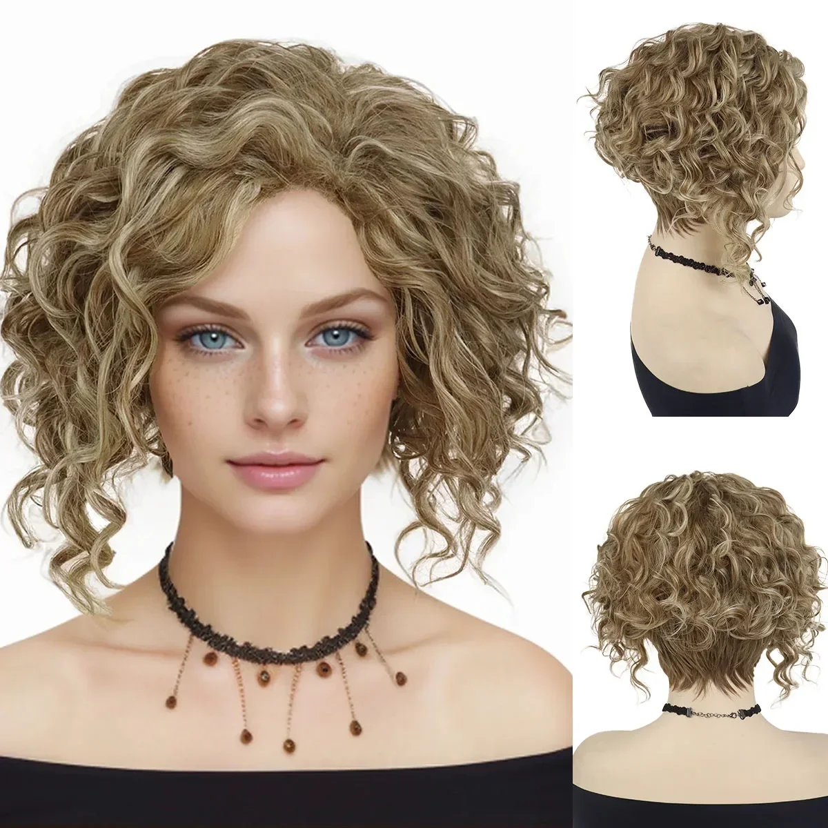 Synthetic Curly Blonde Wigs for Women Short Hair Wig with Side Bangs Mother Gift Mom Wig Short Blond Cur Wig Natural Casual Wigs