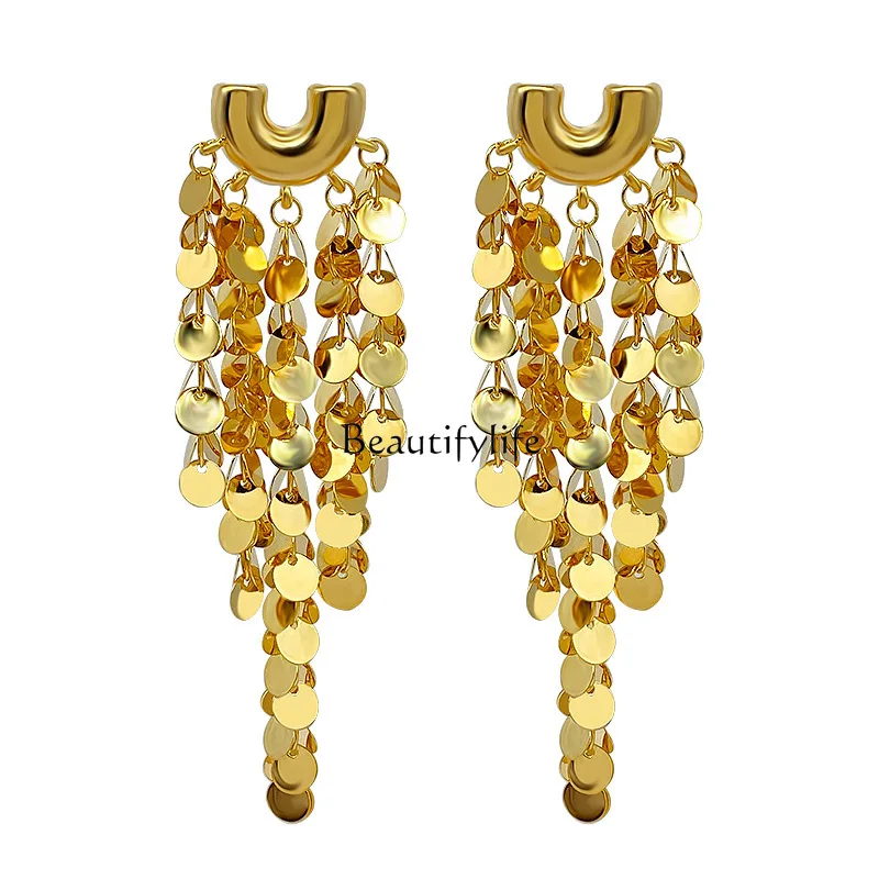 

European and American exaggerated metal sequined fringed pendant earrings light luxury high-end earrings