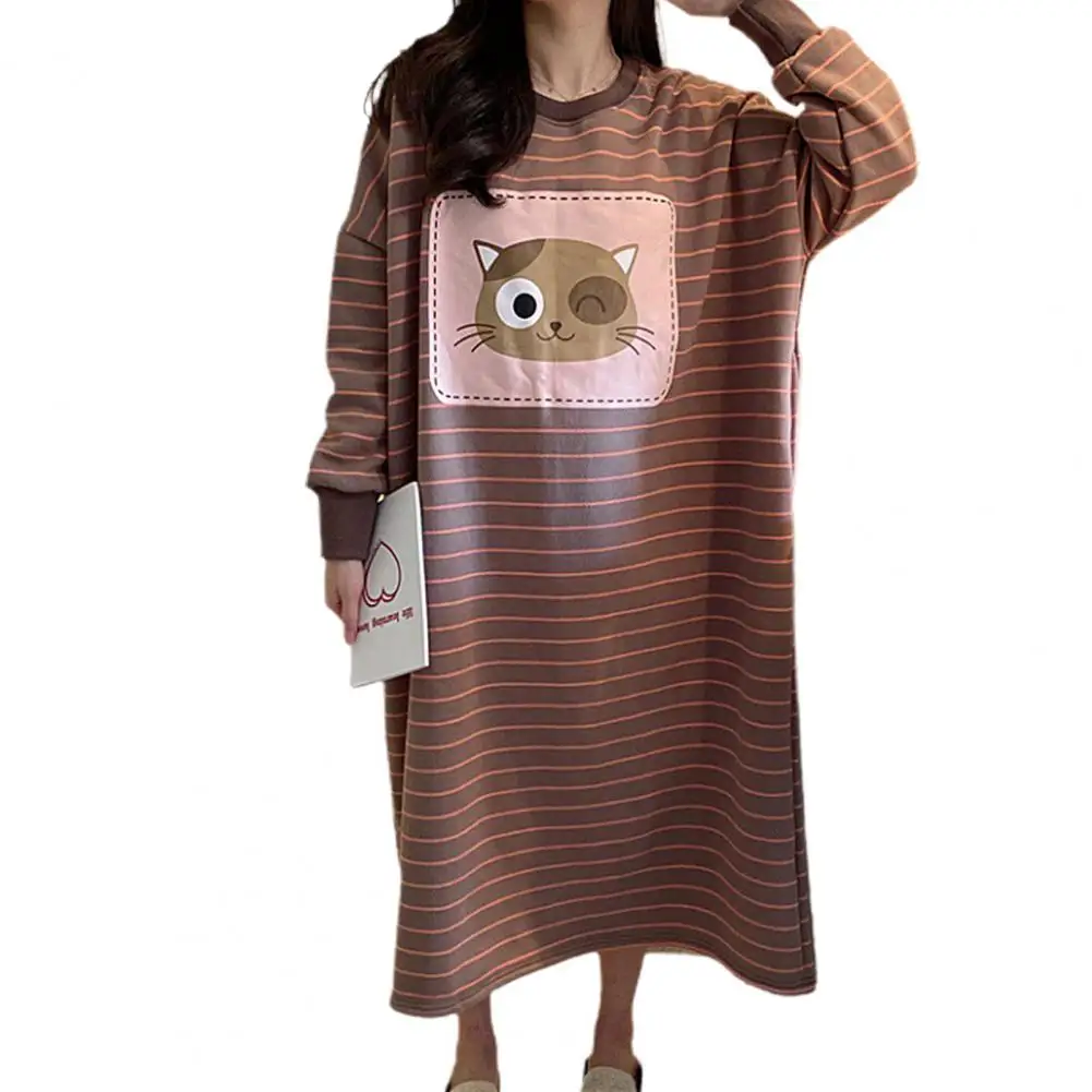 Breathable O Neck Loose Long Sleeve Women Dress Nightdress Warm Knee Length Pajamas for Winter Sleepwear