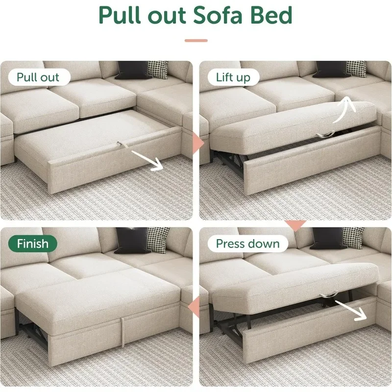 Sofa Tidur Modular dengan tempat tidur yang dapat ditarik keluar, Sofa bersekat-sekat berbentuk U dengan penyimpanan Ottoman Convertible, Sofa 7-tempat duduk, krem