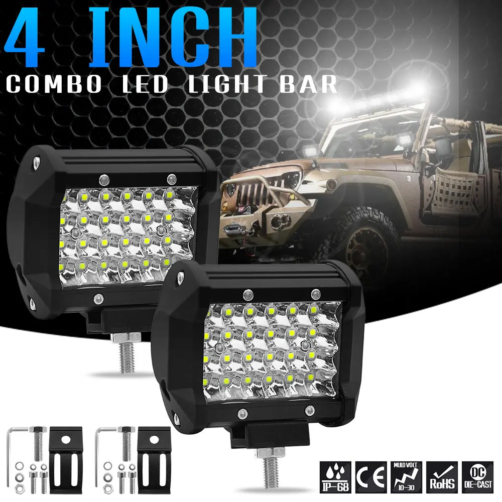 2PCS 4 inch 4 Rows LED Work Light Bar Flood Spot Combo 12V 24V Car Truck 4WD Offroad Driving Lamp Headlight ATV UTV Boat Truck