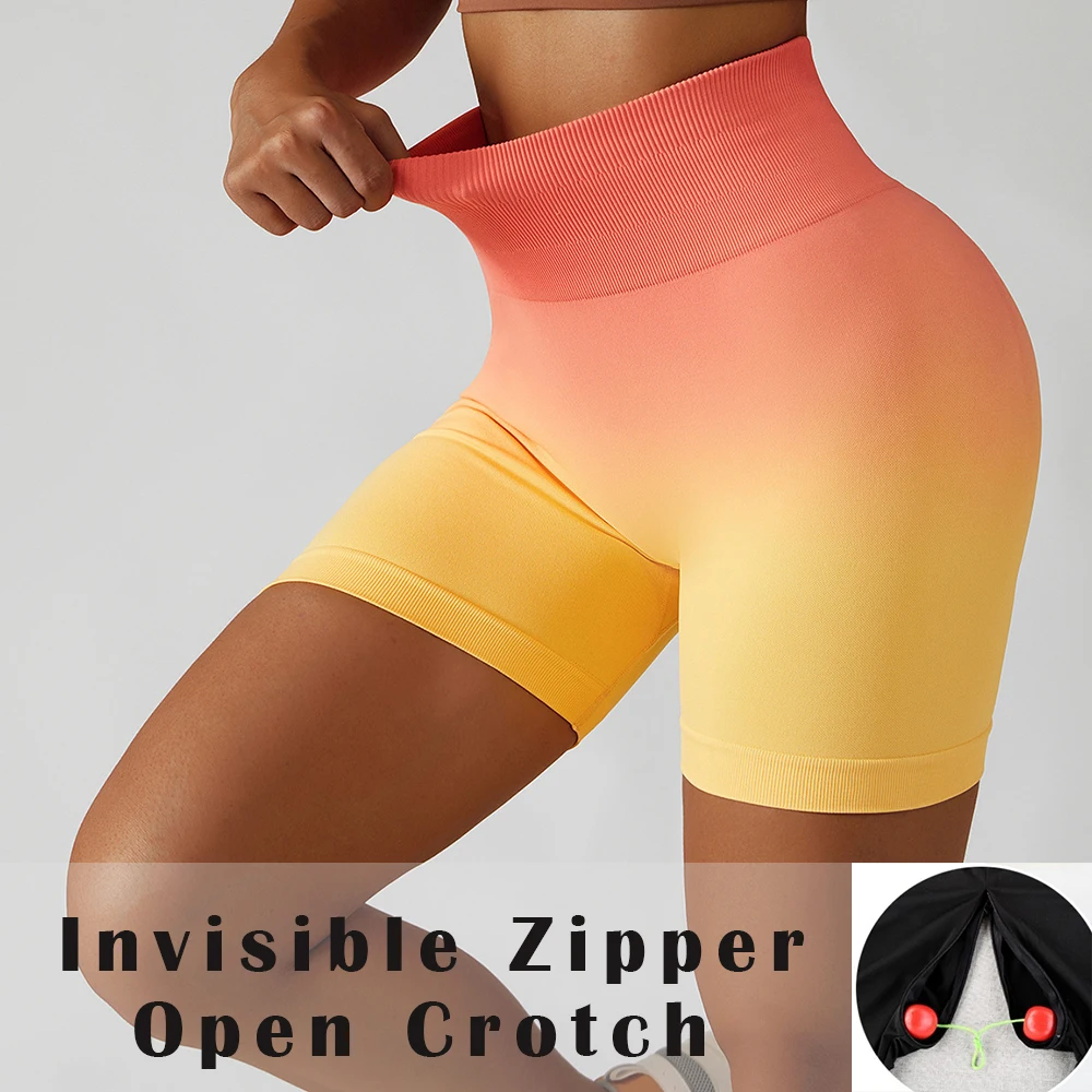 

Invisible Zipper Open Crotch Ombre Sexy Shorts Summer Fitness Plus Size Sports High Waist Bottoms