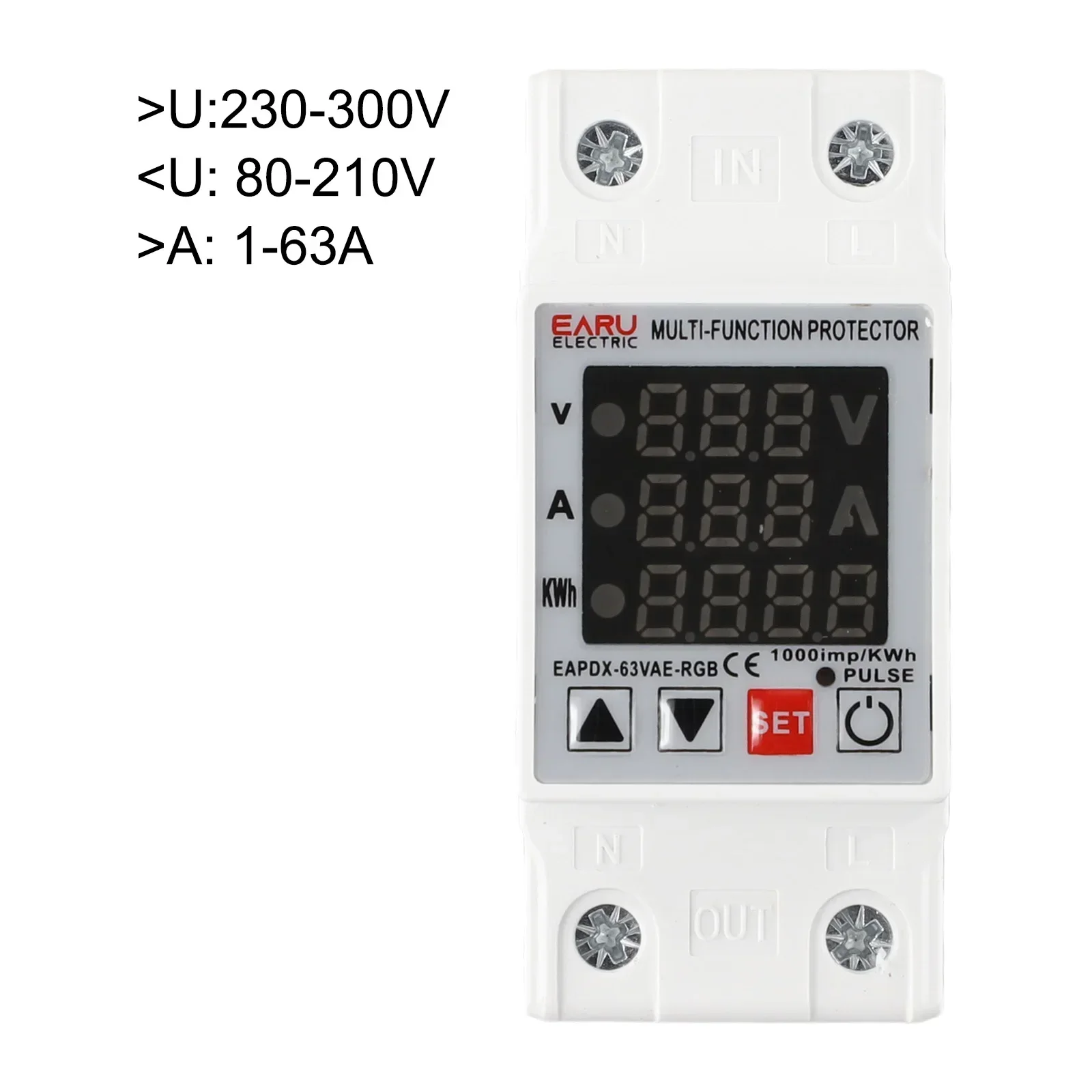 63A 230V 3IN1 Display Din Rail Protective Device with Adjustable Over Voltage Current Under Voltage Relay for Industrial Control