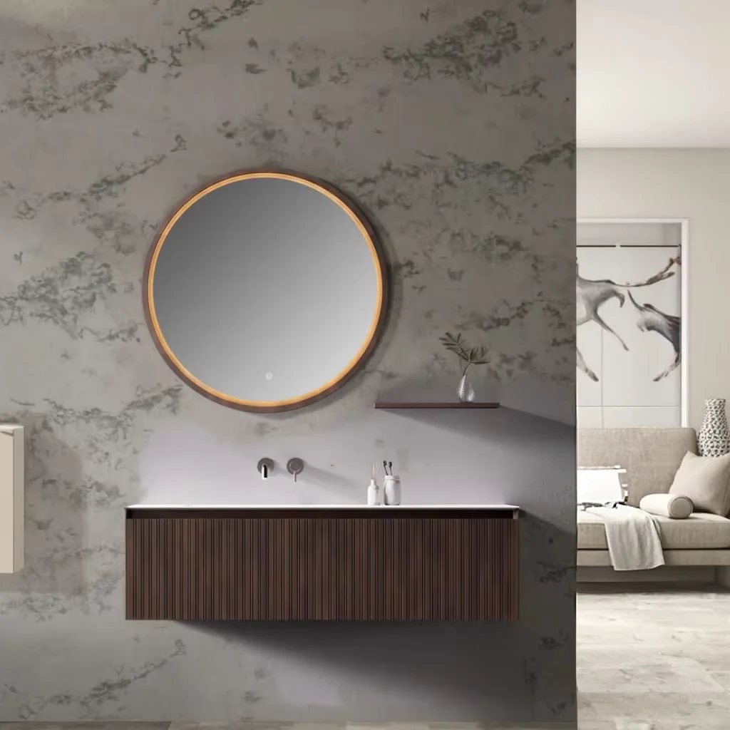Modern LED Bath Mirror Wall Mounted Vanity With Carved Panel Waterproof Lacquered Plywood Vanity For Home Or Hotel Use