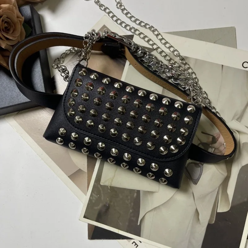 HD Biało-Czarna Nitowana Nowa Saszetka Nerka Pasek 2025 Moda Osobowość Nisza Łańcuszek PU Torba Kurierska i Pasek dla Kobiet Mężczyzn Prezent