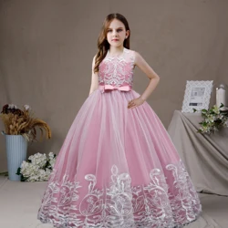 AmyStylish Little Big Girls Lace Appliqued Bowknot  Wedding Flower Girl Birthday Party Formal Long Dress 9102