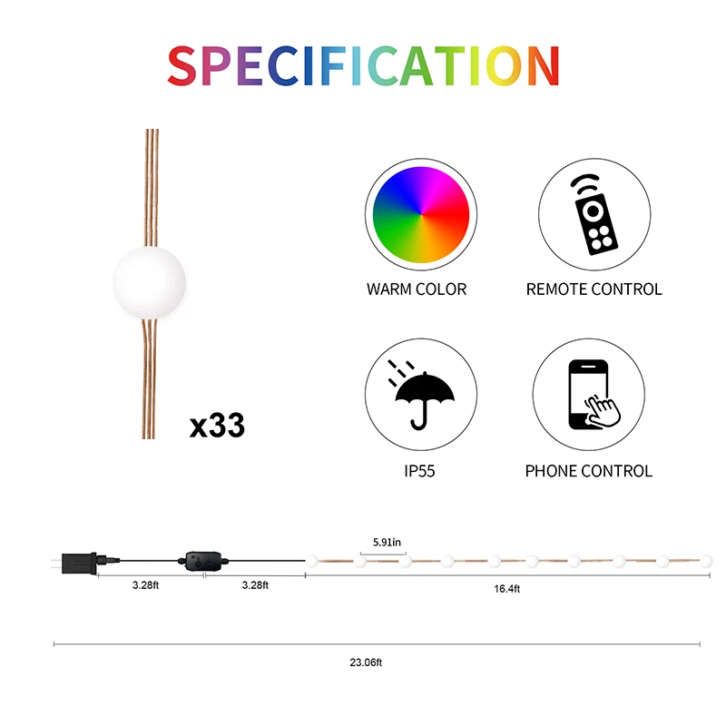 أضواء شجرة عيد الميلاد ليد الذكية ، فانوس العام الجديد ، إضاءة احتفالية ، جهاز تحكم عن بعد ، في الهواء الطلق ، 5 متر ، واي فاي ، بلوتوث ، IP65 ، RGB