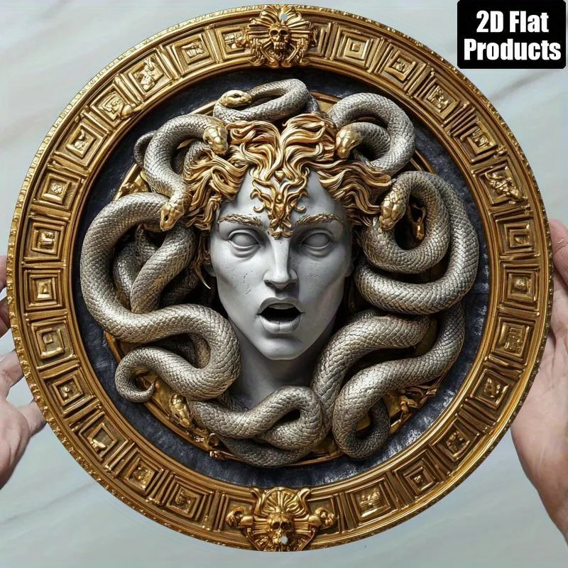 Art mural circulaire en bois 2D plat 1 tête de Medusa, panneau en bois rétro et design de serpent complexe, décoration de la maison, art classique