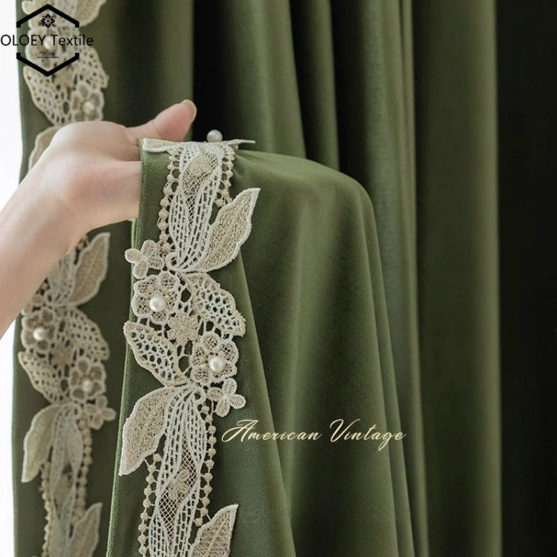 

Custom French Vintage Curtains for Living Room Olive Green Pure Velvet Blackout Fabric Embroidered Lace Handmade Window Drapes