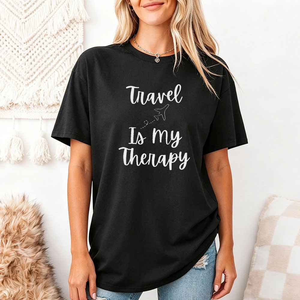 Airplane Route Travel Is My Therapy Quote T Shirt Women Black Round Neck Short Sleeve Tee Top Wanderlust Adventure Graphic Top