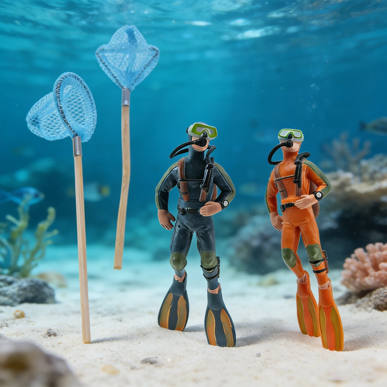 Miniature Diver Model with a Net Bag. Ocean-Themed. Fish Tank Decoration Piece for Tabletop Creative Display.