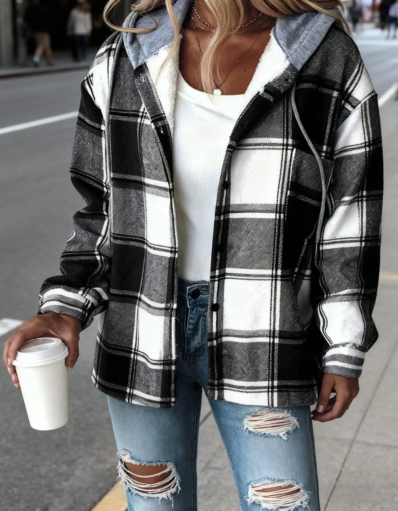 

Women's Plaid Hooded Jacket with Fleece Lining, Drop Shoulder Casual Coat for Fall Winter