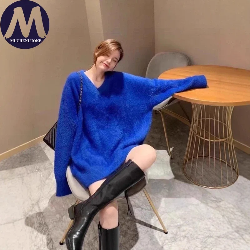 

Sweater for Woman Autumn Winter Faux Mink Plush Elegant V Neck Knitted Sweater Korean Fashion Casual Loose Thick Warm Pullovers
