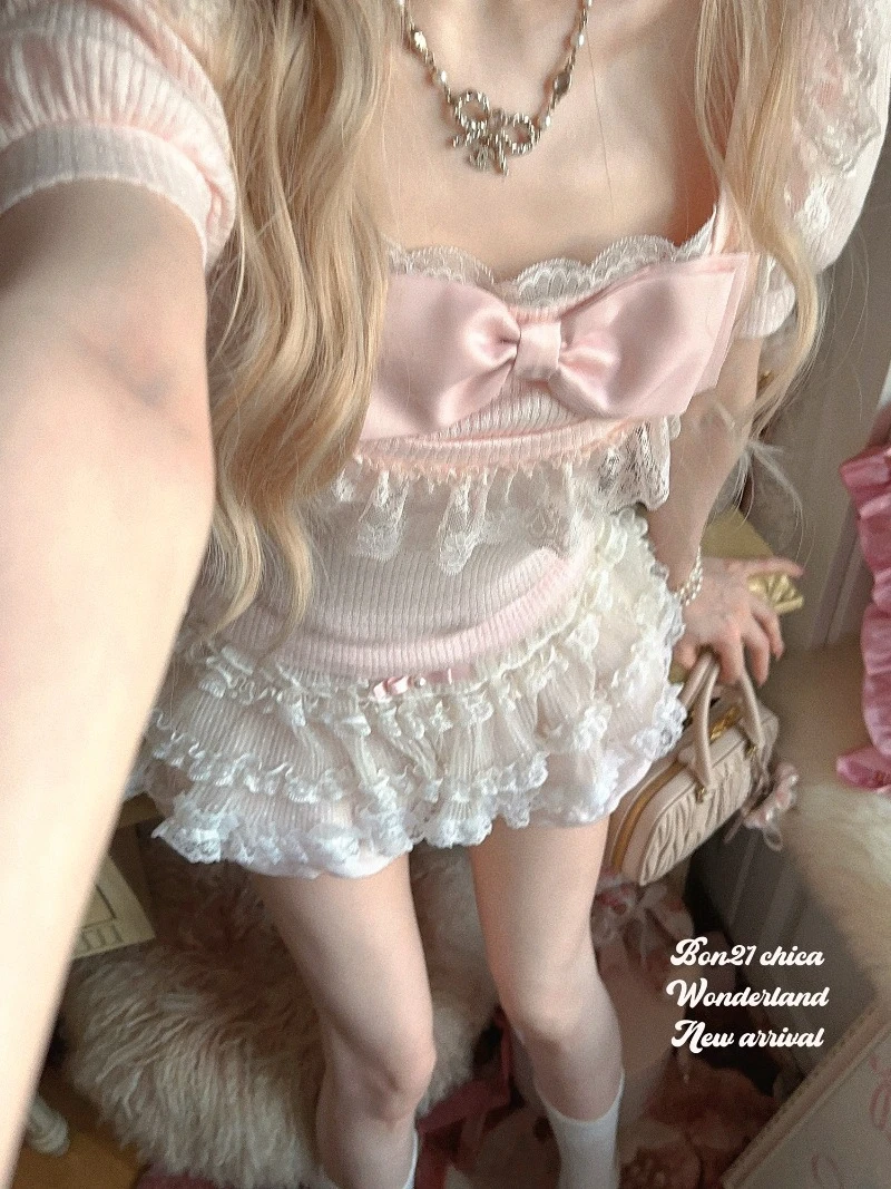 French Style Sweet Cute Short Sleeves Square Neck Top Shirt Ribbon Girl Doll Feel Bow Knitted Pullover Blouse Women's Clothing