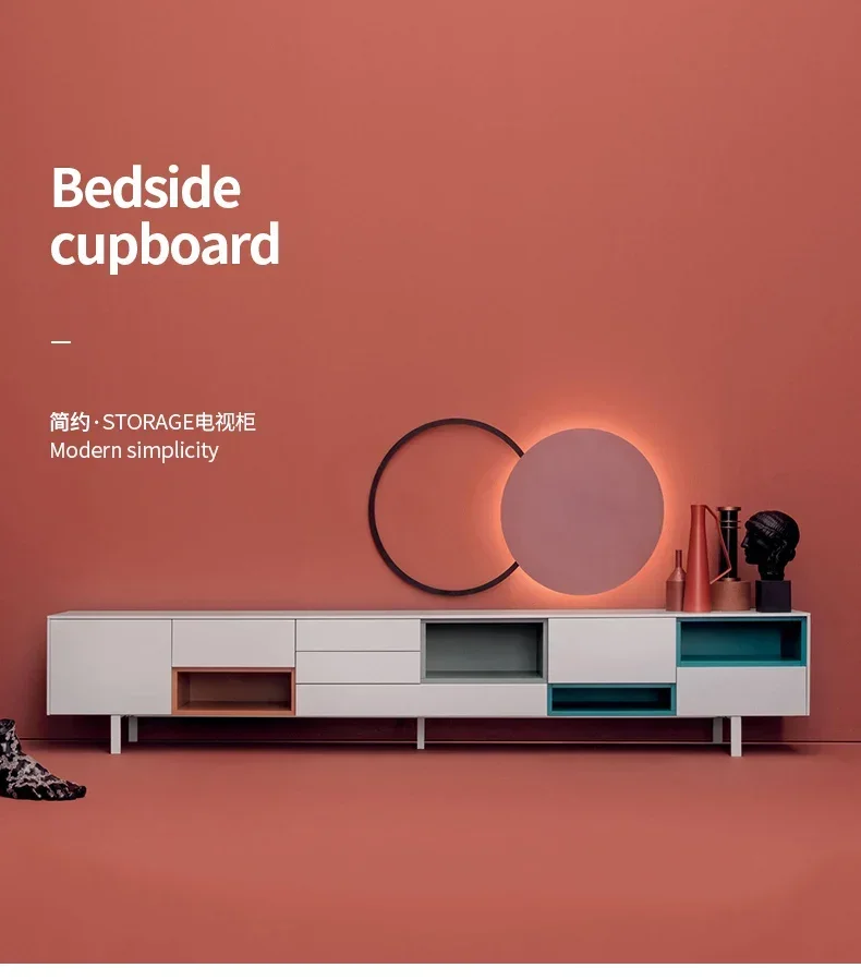 A  Italian TV cabinet, minimalist light luxury floor cabinet, simple Nordic bright paint, Hong Kong-style living room cabinet