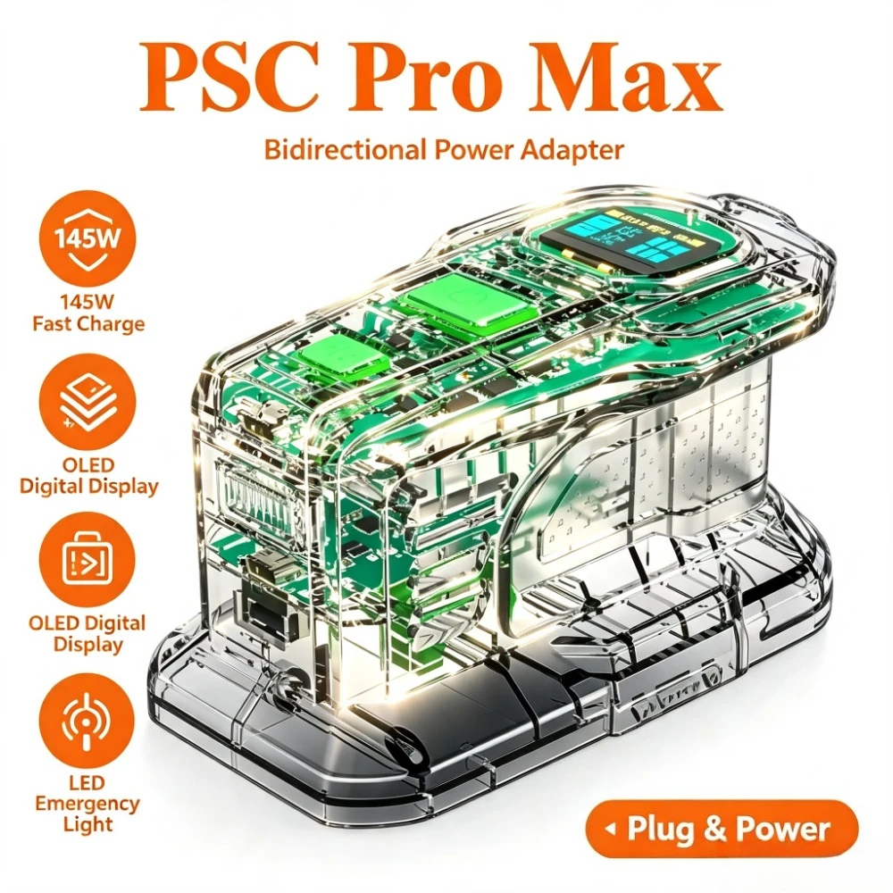 PSC Pro Max Ryobi 18V ONE+ Battery Adapter Bidirectional USB-C PD Fast Charger Portable Power Bank LED Emergency Light