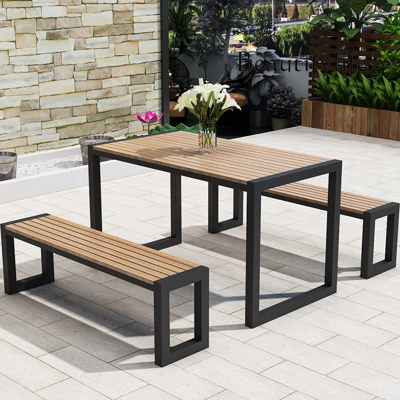 Open-air courtyard plastic wood outdoor tables chairs combination park outdoor wrought iron long table anti-corrosion leisure