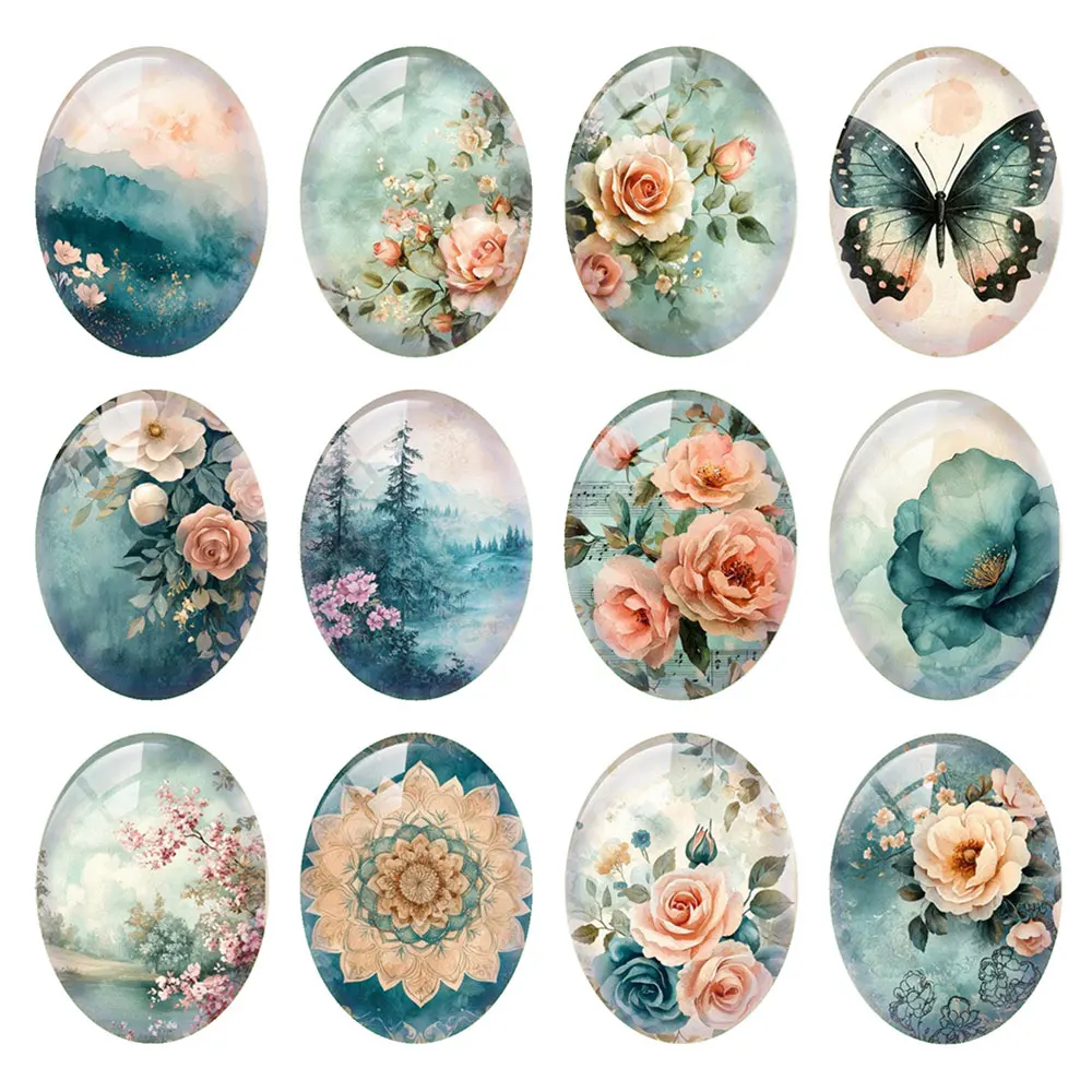 Random Mixed Round/Oval/Square Teal Floral Flower Butterfly Photo Glass Cabochon Flatback Demo Cameo For Diy Jewelry Making