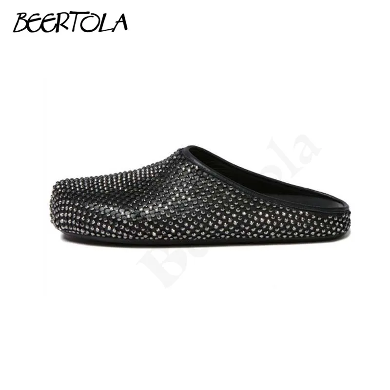 Women's Personalized Rhinestone Flat Slippers Summer Large Head Large Size Round Head Black and White Personalized Slippers