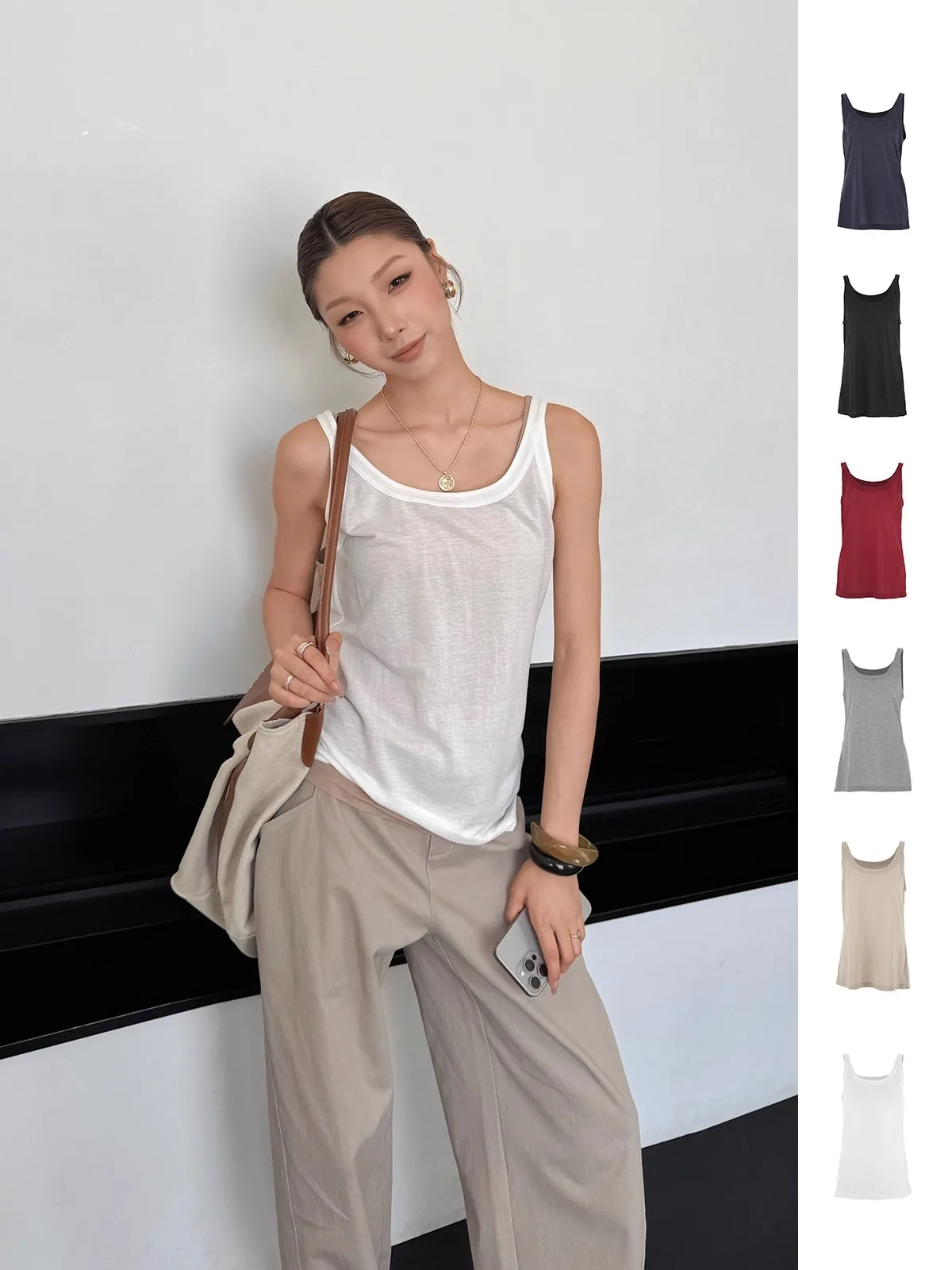 

YOEYYOU Simple Low Square Collar Vest Inner Wear Women's Straight Cut Fabric High Elastici Casual Top