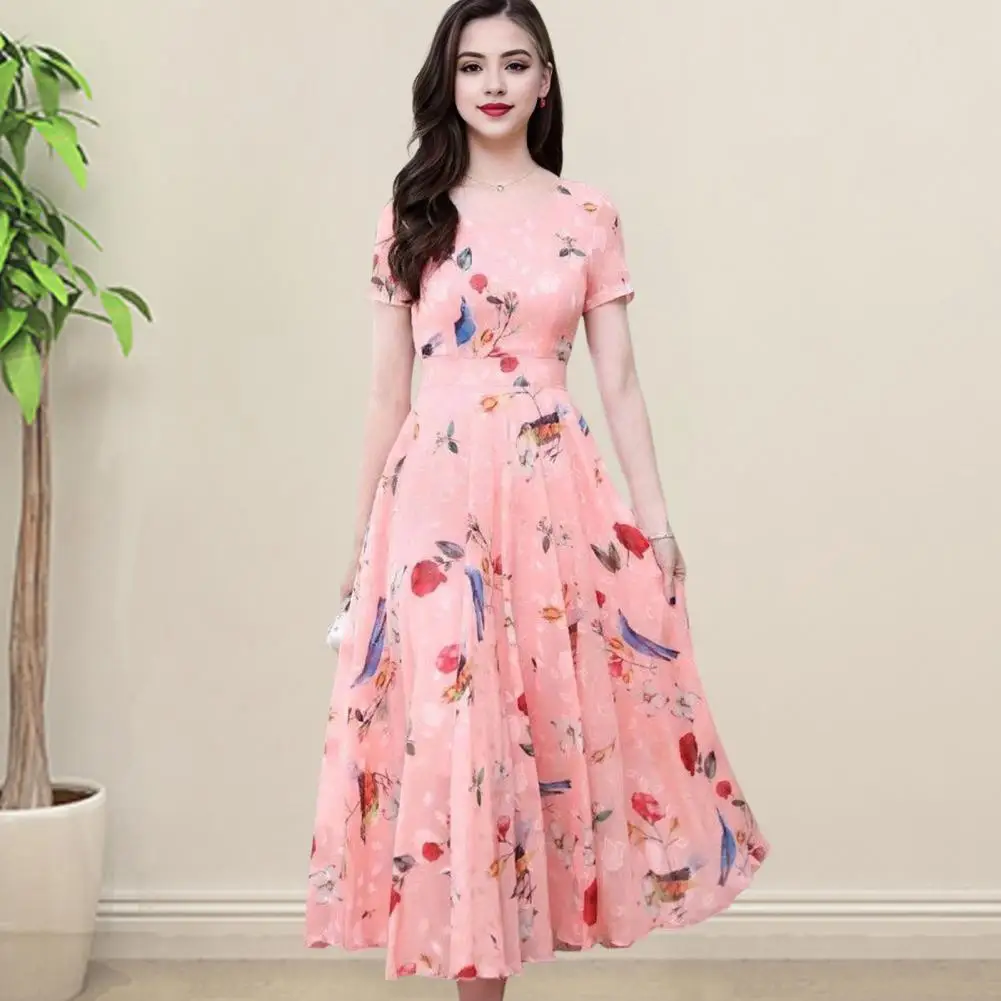 

Women Party Dress A-line Big Swing Printed Ice Silk O Neck Short Sleeves High Waist Mid-calf Length Prom Dating Midi Dress