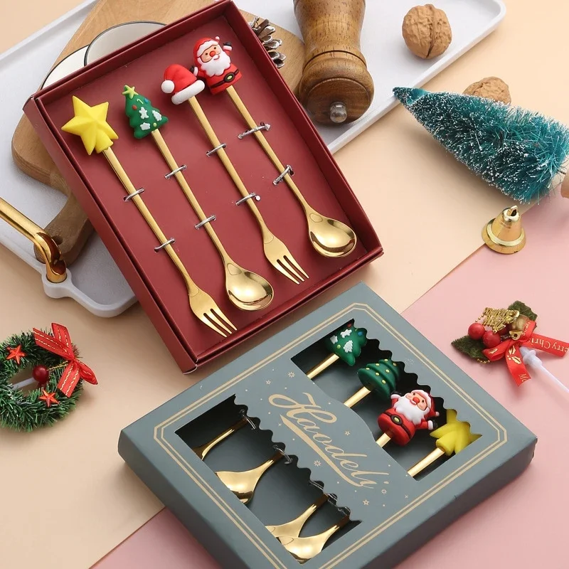 

1/2/4/6pcs fancy christmas cartoon Doll gift sets stainless steel christmas tableware coffee spoon and fork set with gift box