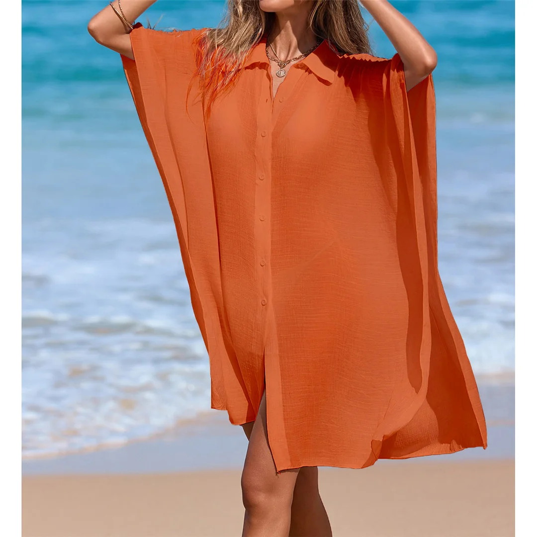 4 Farben, kurzärmeliges, langes Hemd, Oberteil, Tunika, Strandkleid, Strandbekleidung, Strandmode, Strandüberwurf, Damen, V7538 – Detail 15