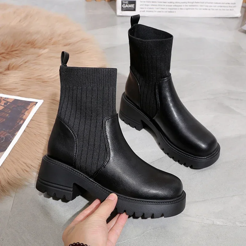 New Autumn Winter Fashion Women Chelsea Boots Female PU Leather High Heels Boots Platform Shoes Ladies Knitted Sexy Ankle Boots