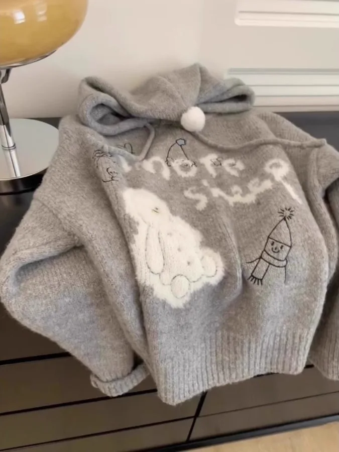 

ay Cartoon Hoodie Women's Oversized Thiened Knitted Sweater Autumn Winter New Sle Korean Version Lazy Sle Inner Match