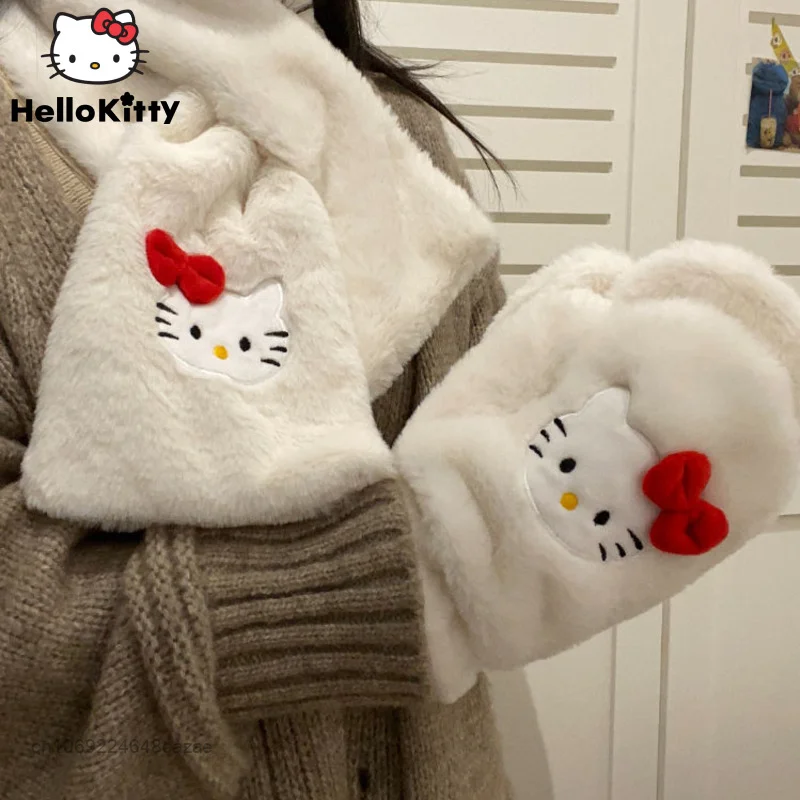 

Sanrio Hello Kitty Plush Thick Cartoon Neck Gloves Y2k Warm Autumn Winter All Inclusive Scarf Korean StyleSuit Scarf For Women