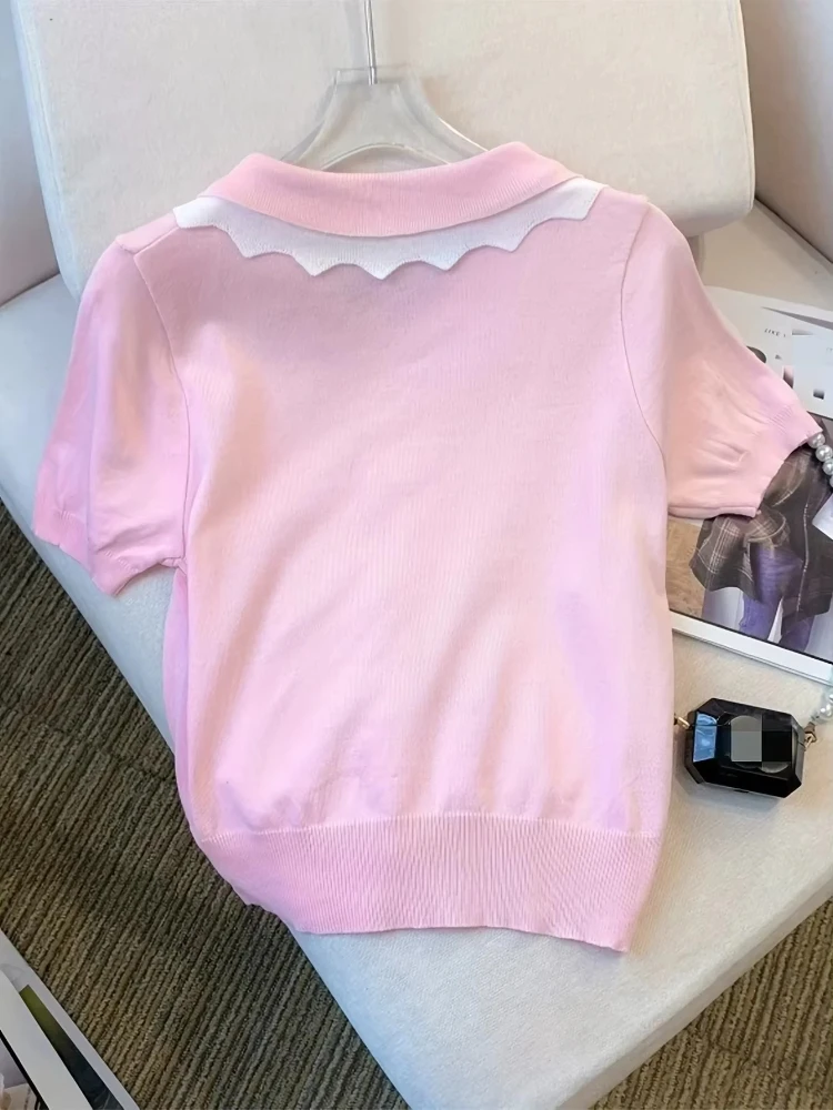 Women Short Sleeve With Lace Up Contrast Trim - Women Clothing Bow Tie T-shirt With Doll Neck And Ice Silk Knit Sweater Elegant