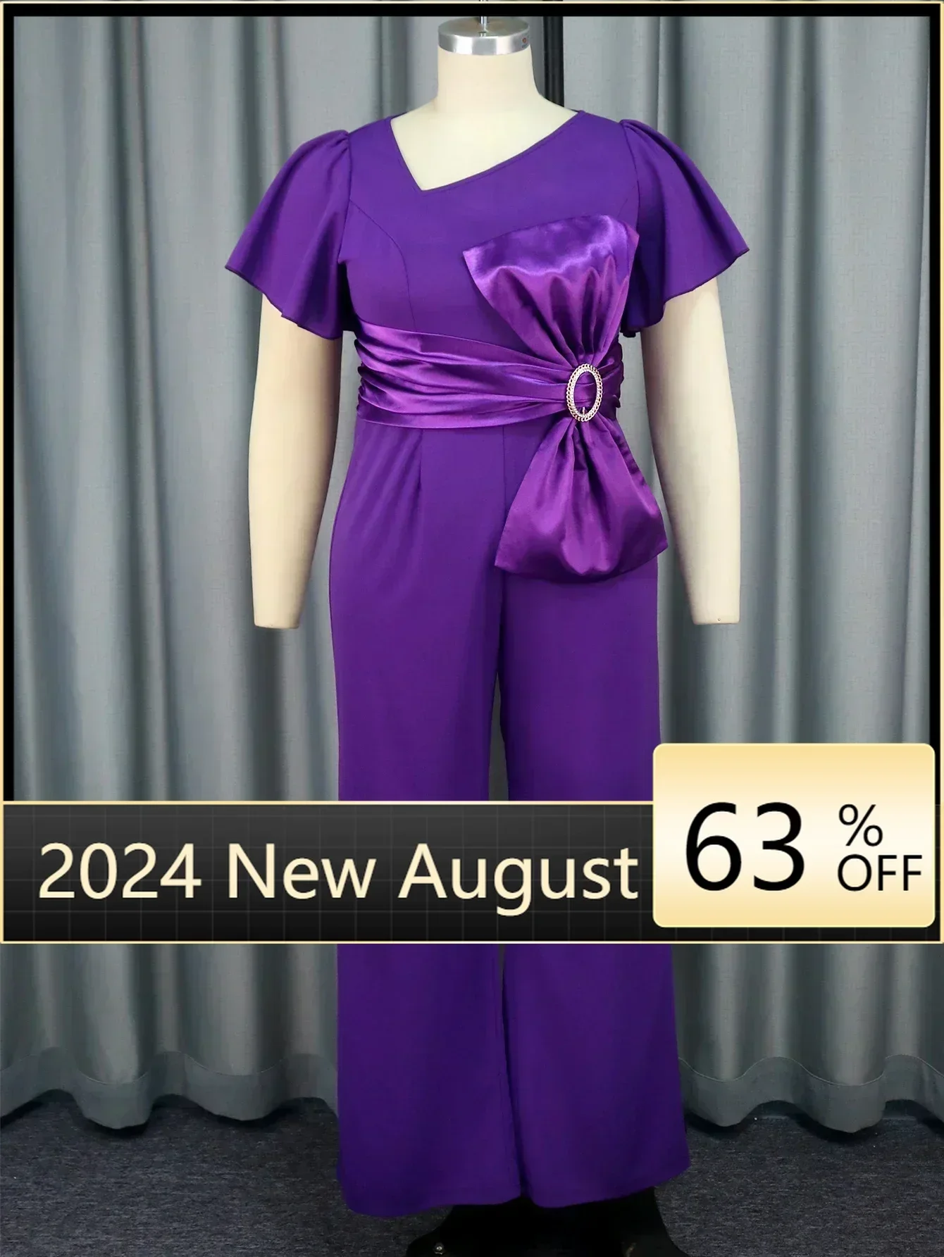 

Women Elegant Purple Jumpsuit Asymmetrical Neck Short Sleeve Patchwork Bow High Waist Wide Leg Rompers Plus Size 4XL One Piece