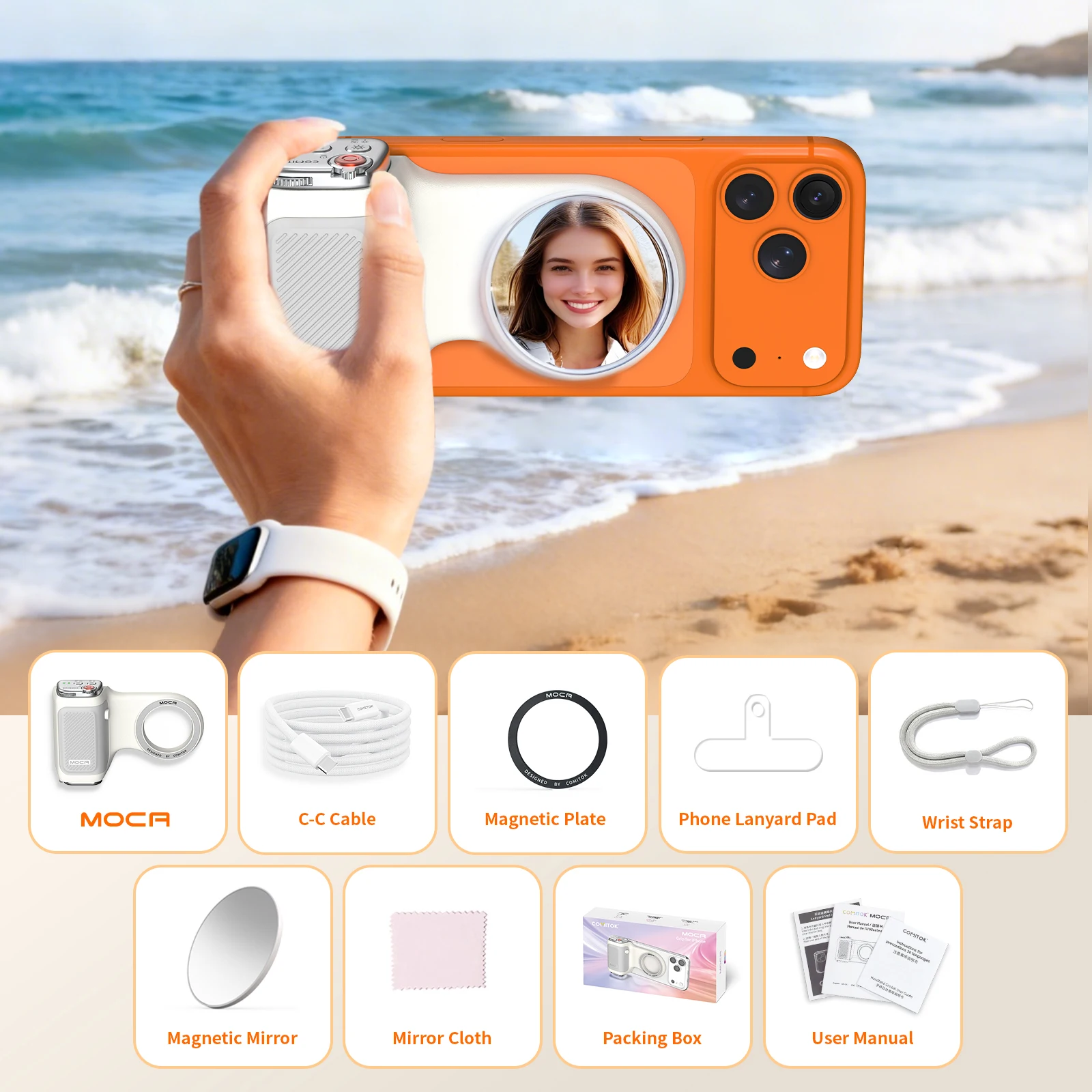 COMITOK MOCA iPhone Wireless Selfie Booster, mit Focus Lock/DSLR-Auslöser, wiederaufladbare Fernbedienung + optionaler Spiegel/Fülllicht – Detail 3